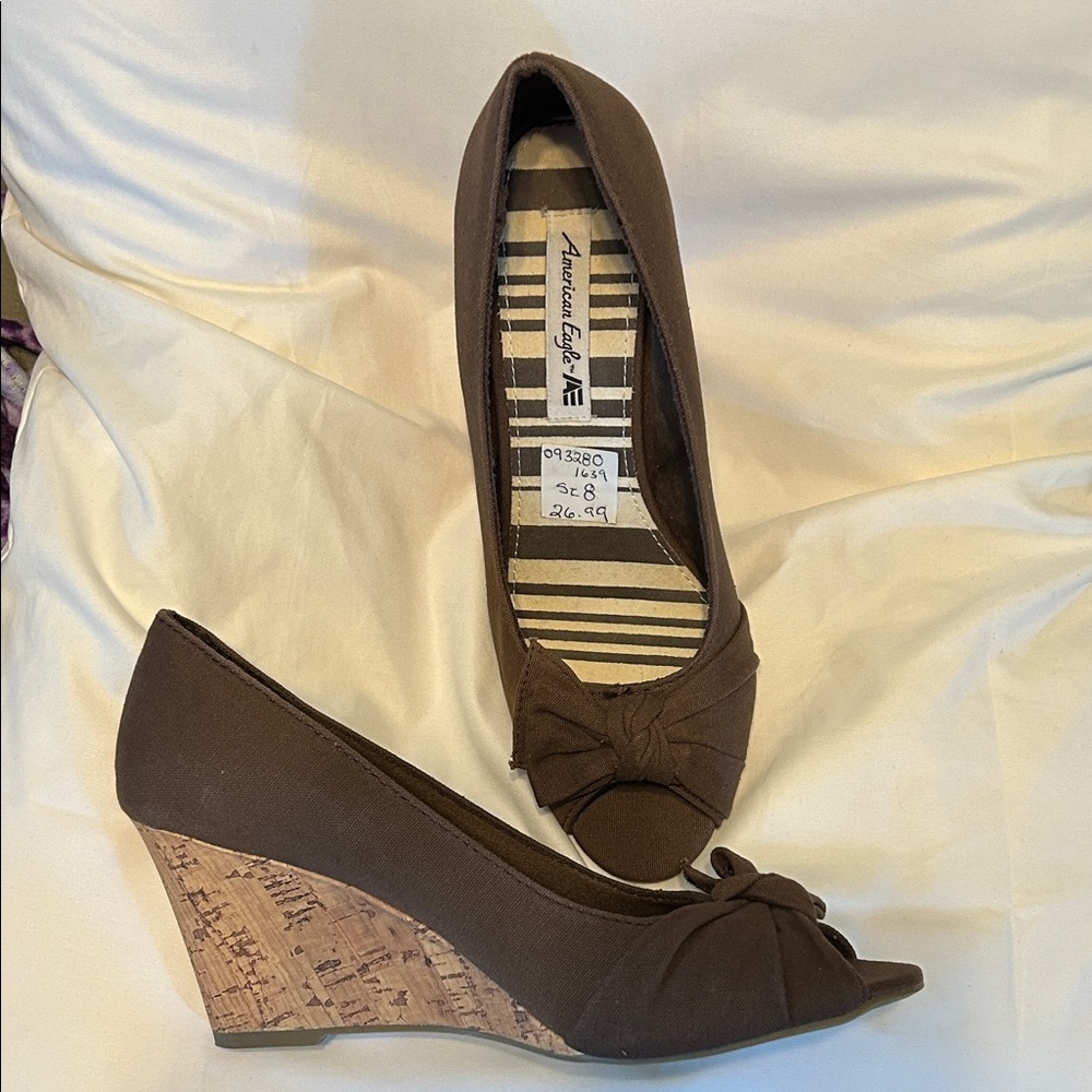 Brown Peep Toe Wedges with Bow